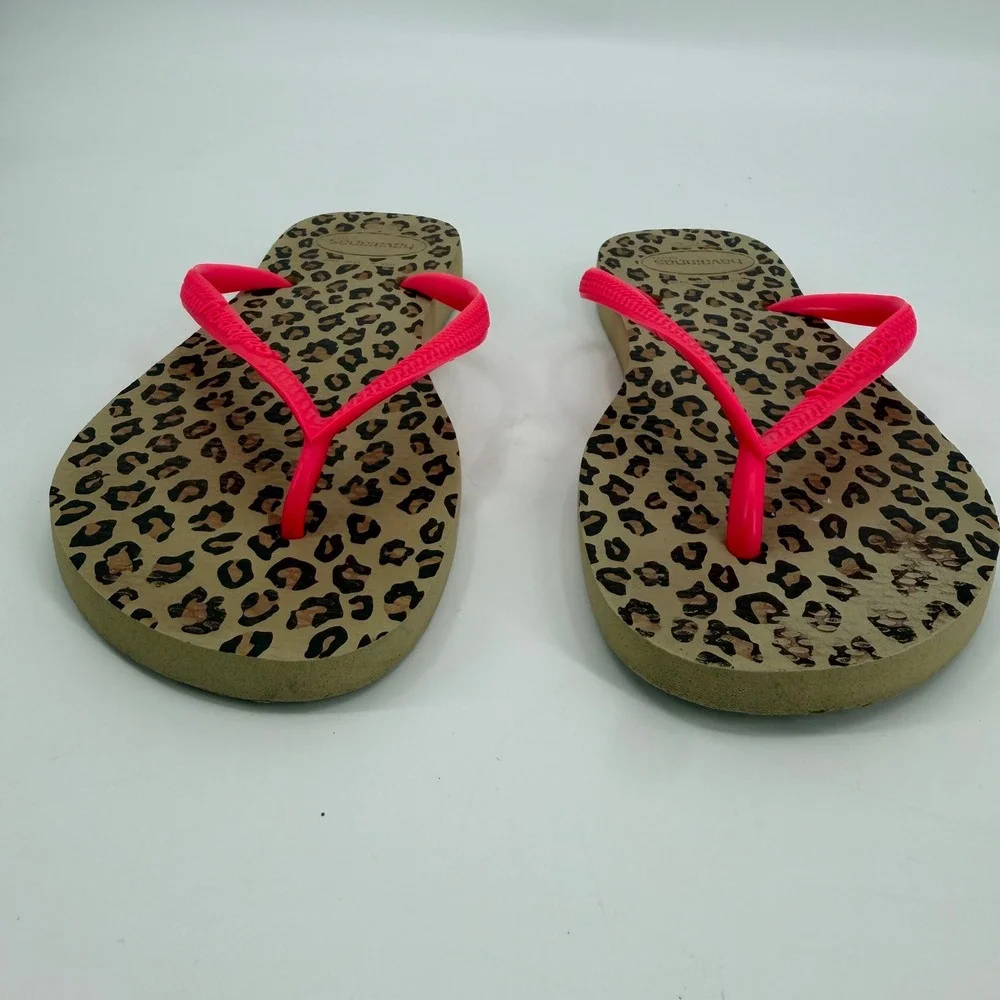 Havaianas Slim Leopard Flip Flops Neon Pink Straps Animal Print Womens Size 6